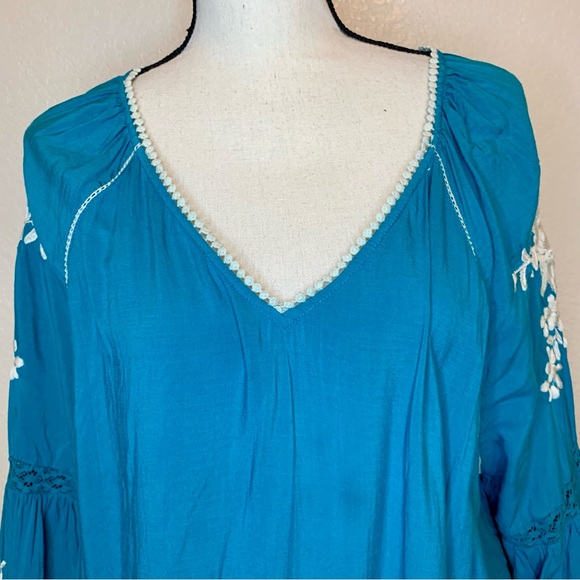 Sundance Naomi Isles Embroidered Boho Peasant Top Turquoise Blue Size Large - Picture 3 of 15